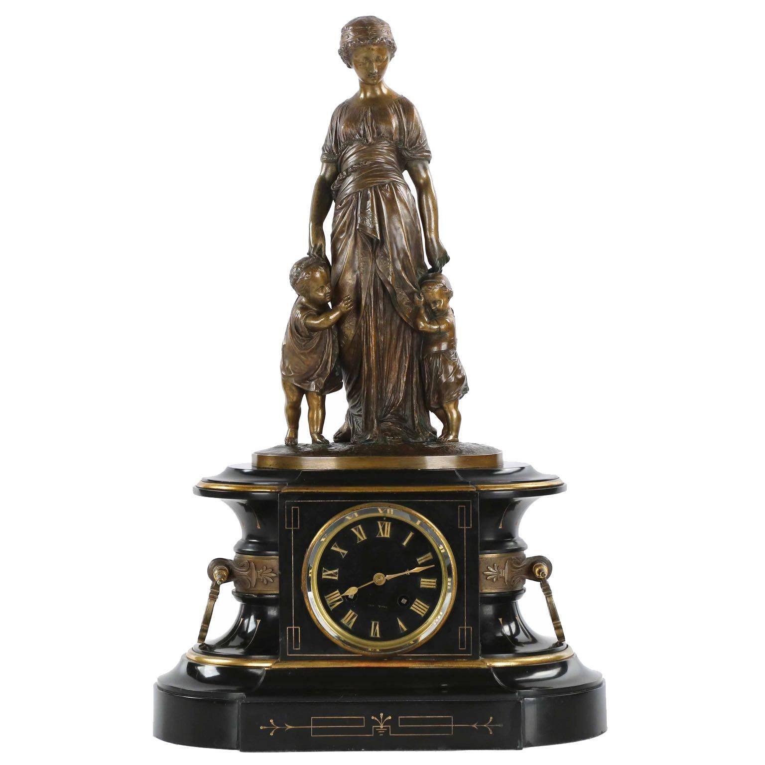 Fine Napoleon III Bronze Figural Slate Antique Mantel Clock by Japy Freres