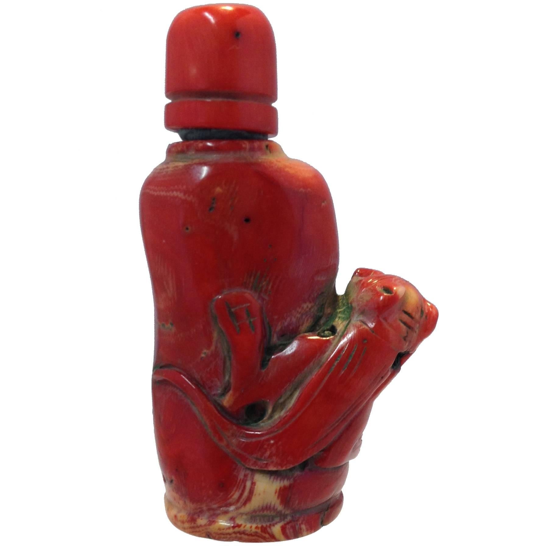 High Toned Antique Red Coral Carved Snuff Bottle with Panther