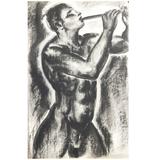 „Aktpan-Figur mit Pfeife,“ fabelhafte, große mythologische Art-Déco-Zeichnung