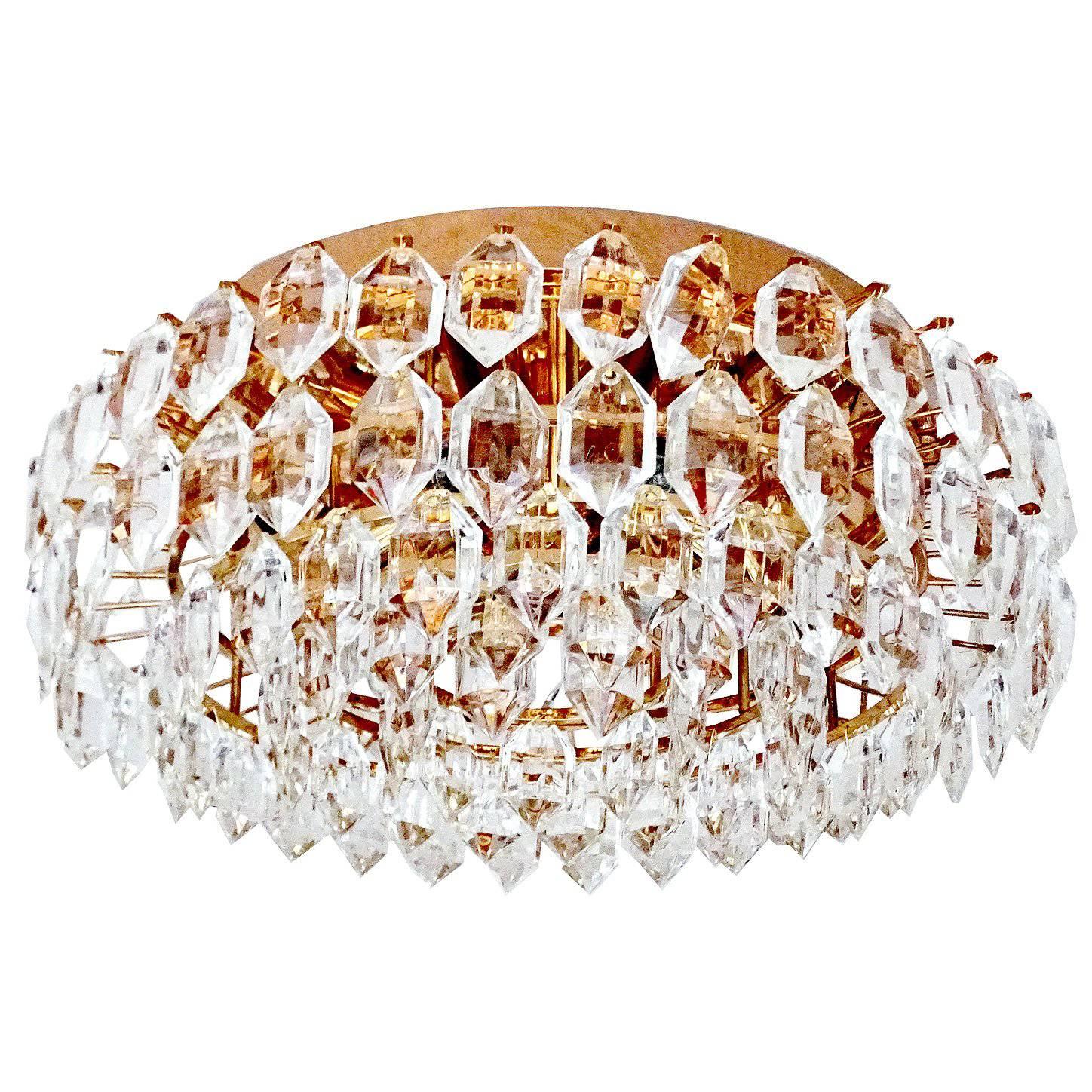 MidCentury Bakalowits Gilded Brass Crystal Flush Light,  1960s  For Sale
