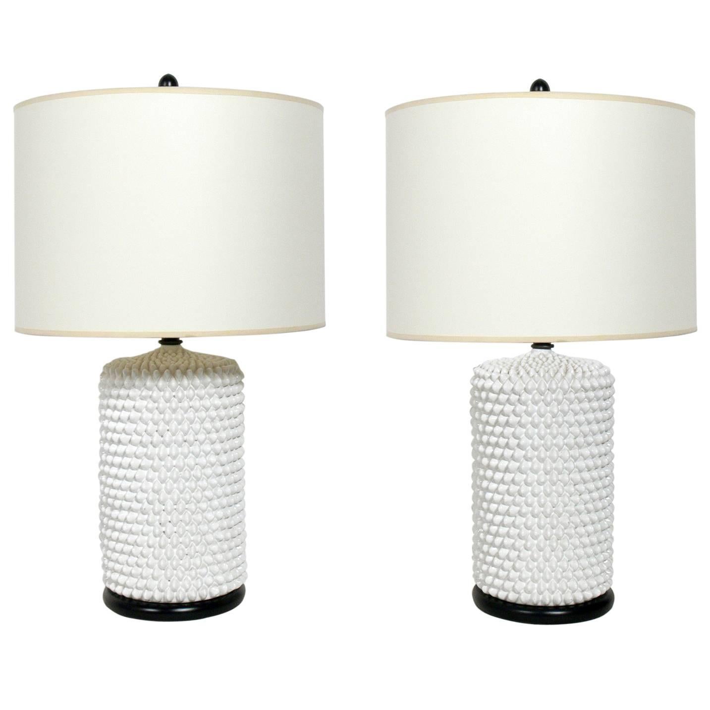 Pair of White Ceramic Studded Lamps