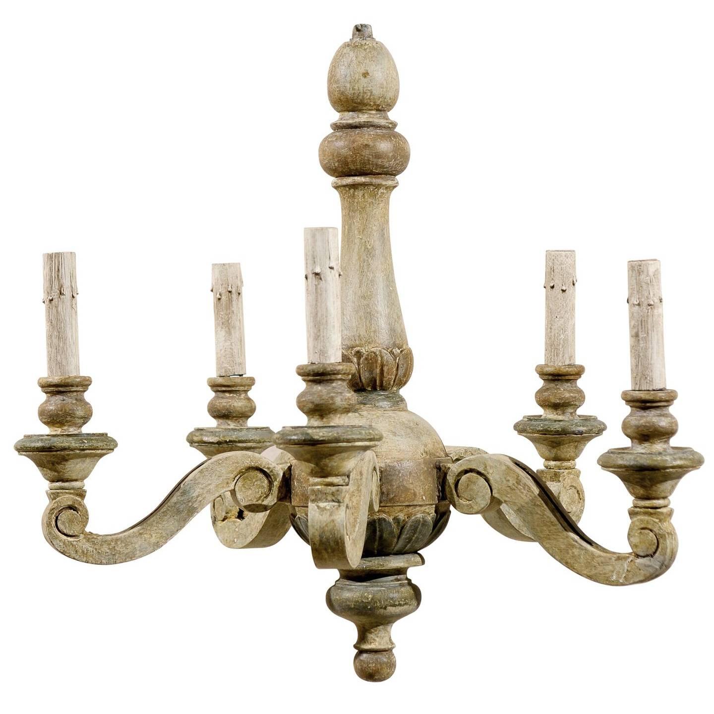 French Vintage Five-Light Painted Wood Chandelier of Grey Green Color
