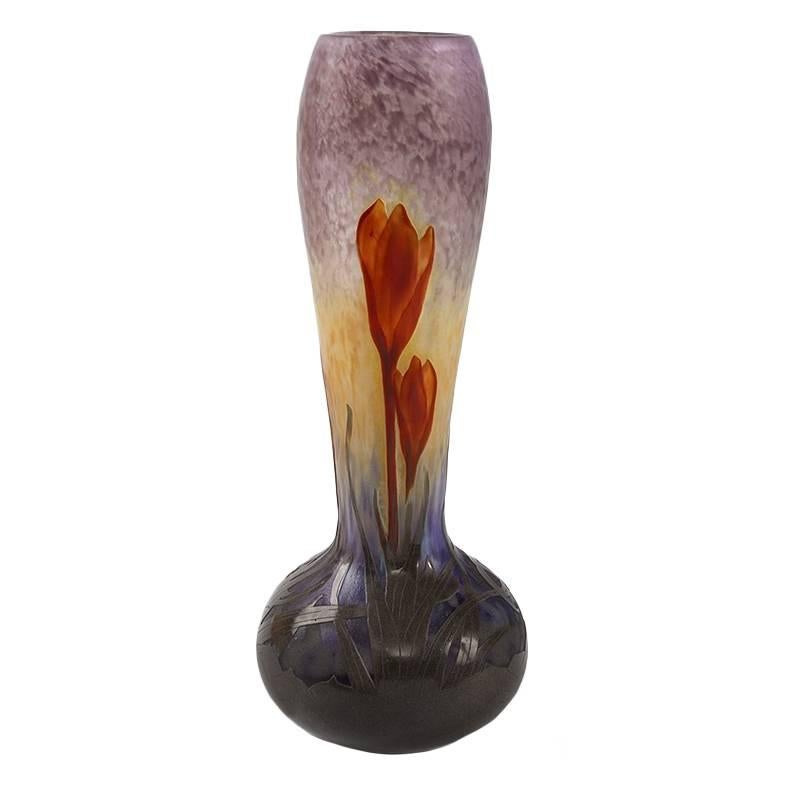 French Wheel Carved Cameo and Mmartelé Galss "Crocus" Vase by Daum For Sale