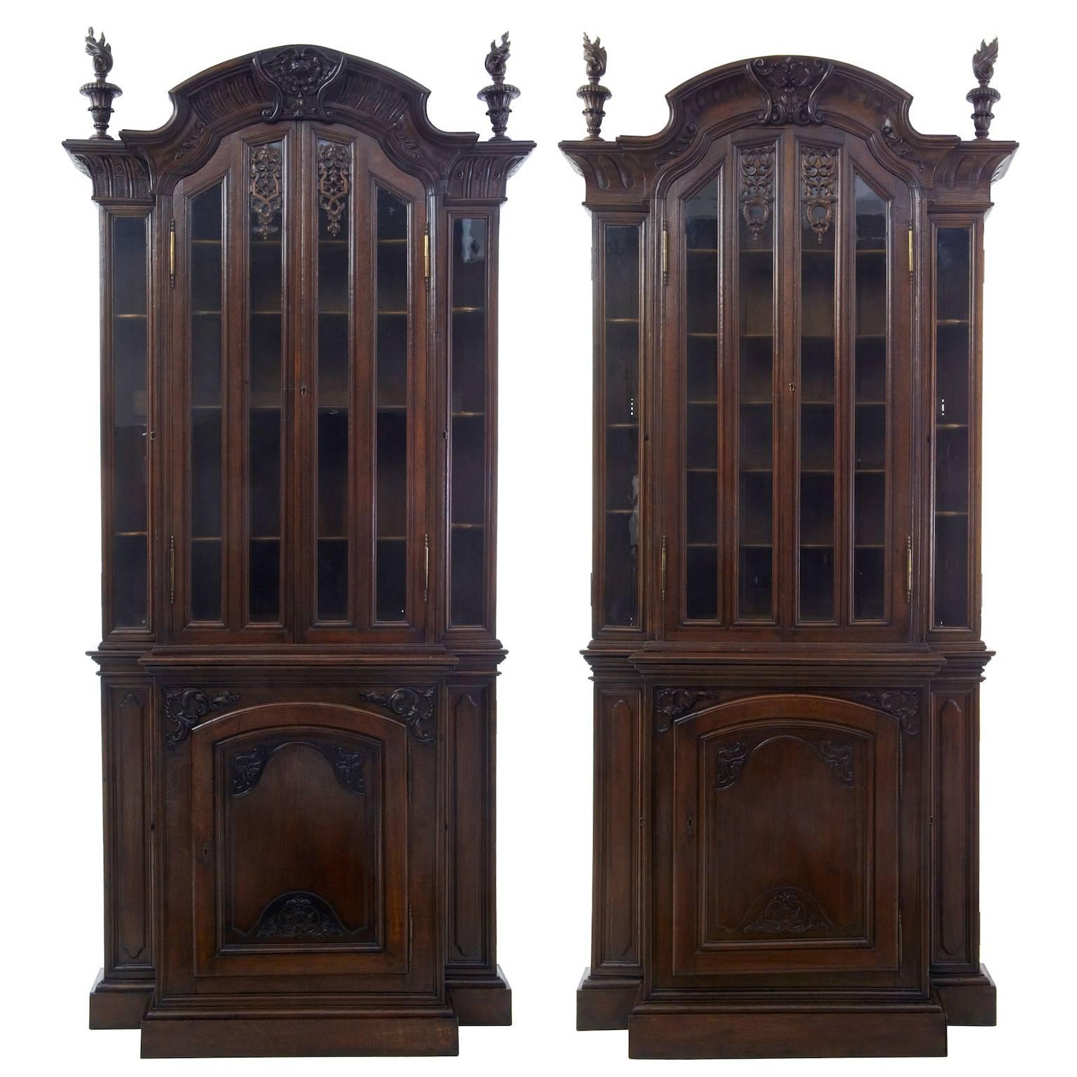19th Century Matched Pair of French Carved Oak Bookcase Cabinets