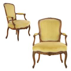 Pair of Louis XV Period Carved Fauteuils Armchairs, Late 18th Century
