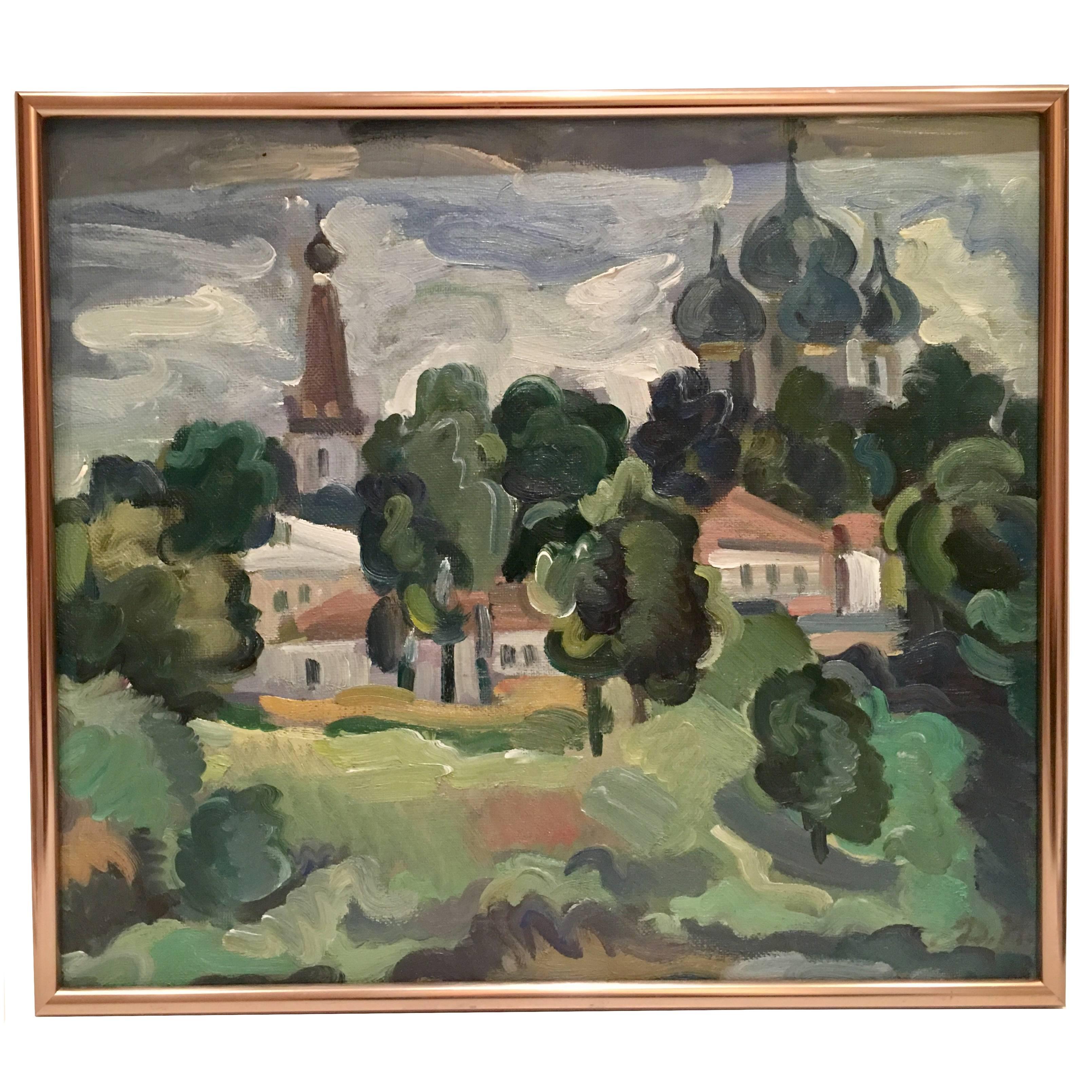 90'S Original Oil On Burlap Painting Landscape Painting By, D.H For Sale