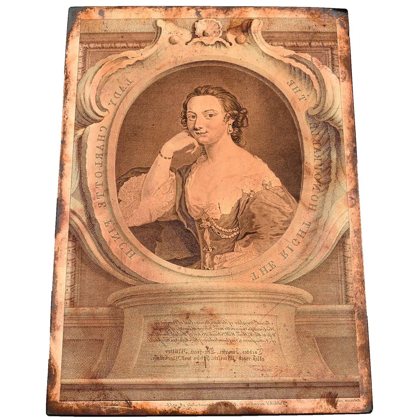 Original Copper Engraving Plate Lady Charlotte Finch, 1755