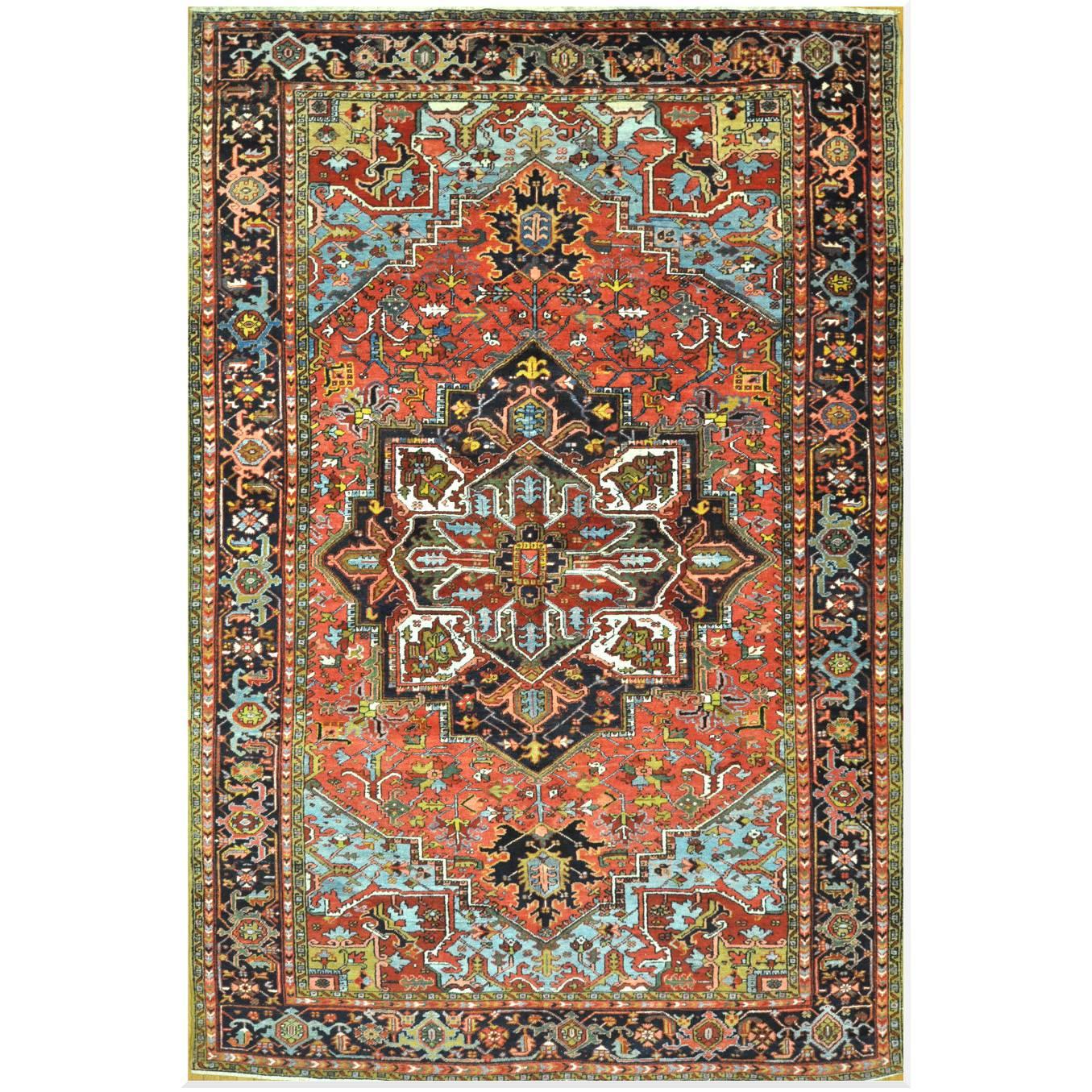 Antique Hand-Knotted Wool Persian Heriz Area Rug For Sale
