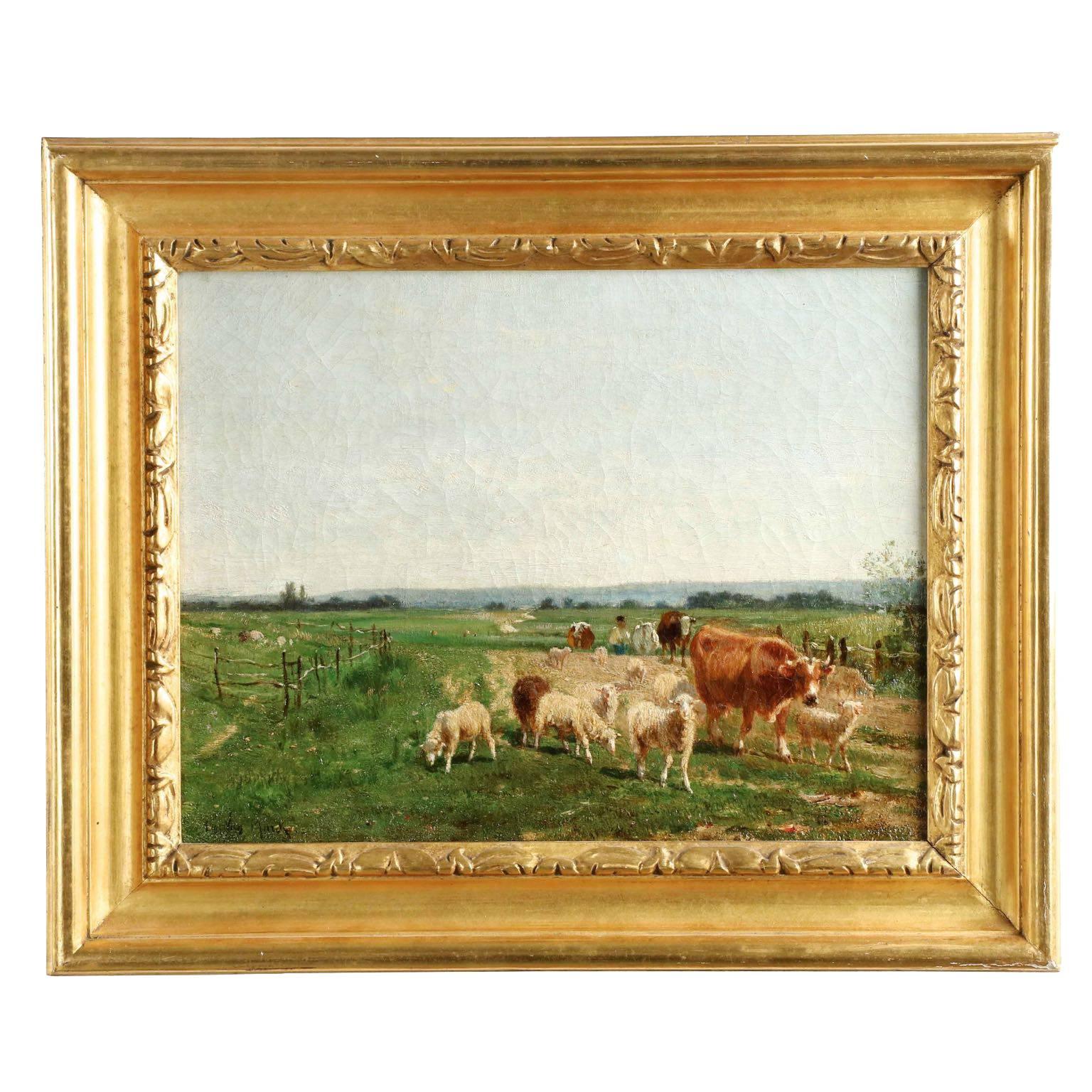 Fine Antique Painting of "Herding Cows and Sheep" by Emile van Marcke