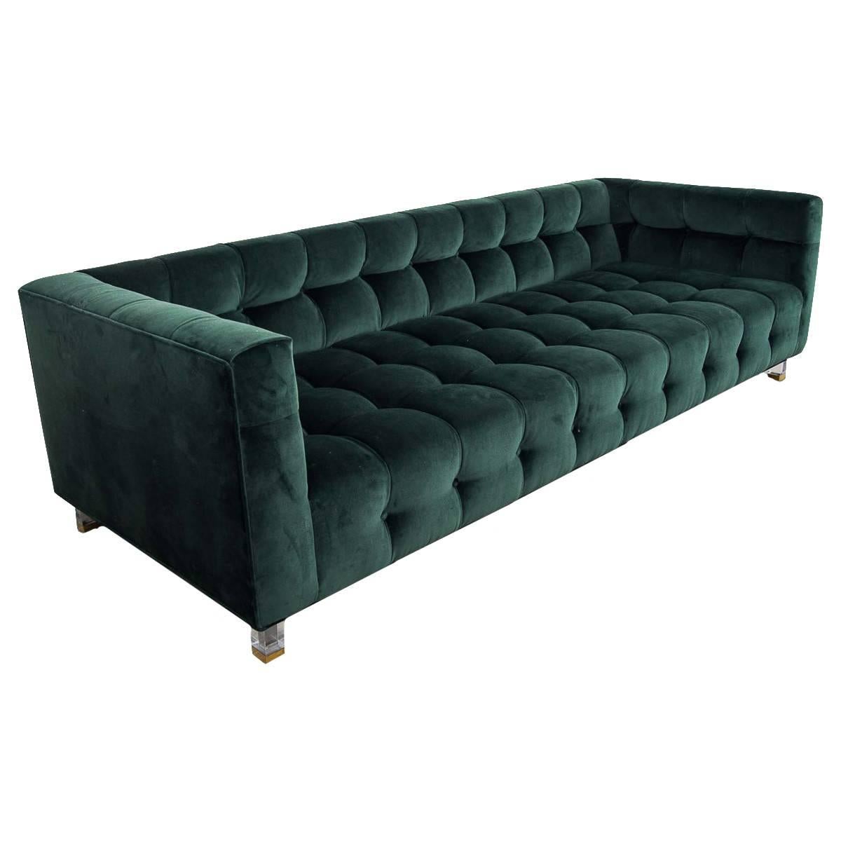 Modern Style Delano Sofa in Hunter Green Velvet w/ Lucite & Brass Block Legs For Sale