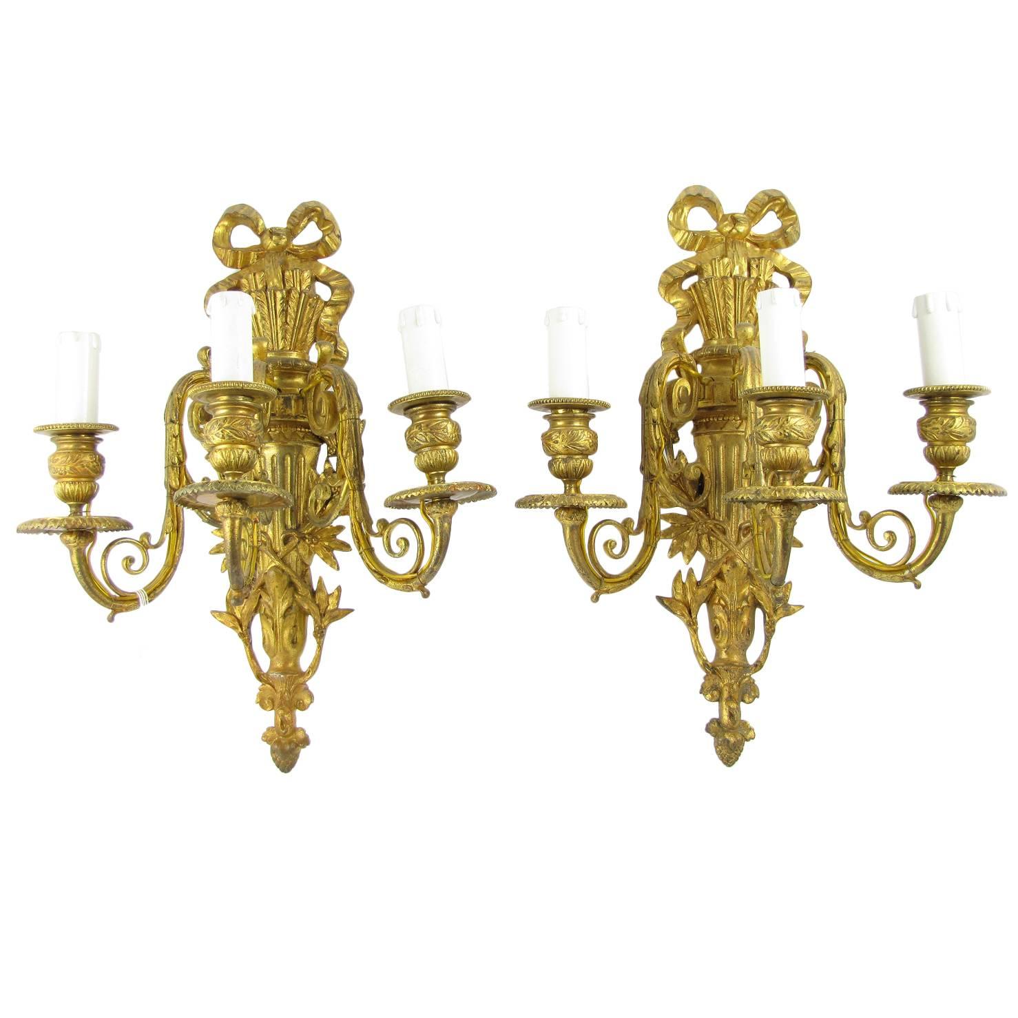 18th Century Italian Neoclassical Gilt Bronze Sconces with Three Arms