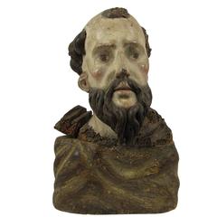 Mid-16th Century Italian Polychrome Wooden Sculpture Depicting Head of Saint