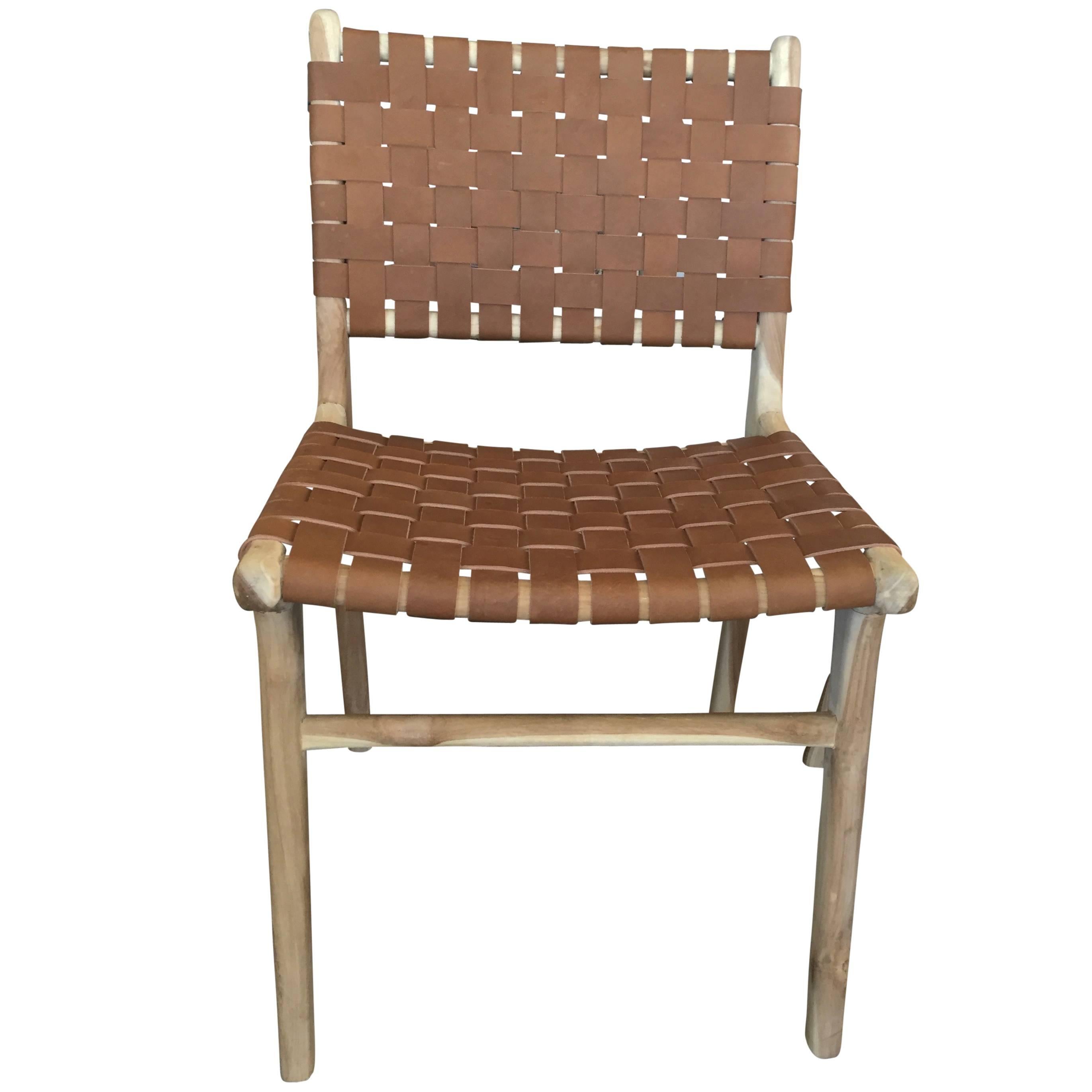 Set of Six Flora Leather Strap Woven Dining Chair Haskell For Sale
