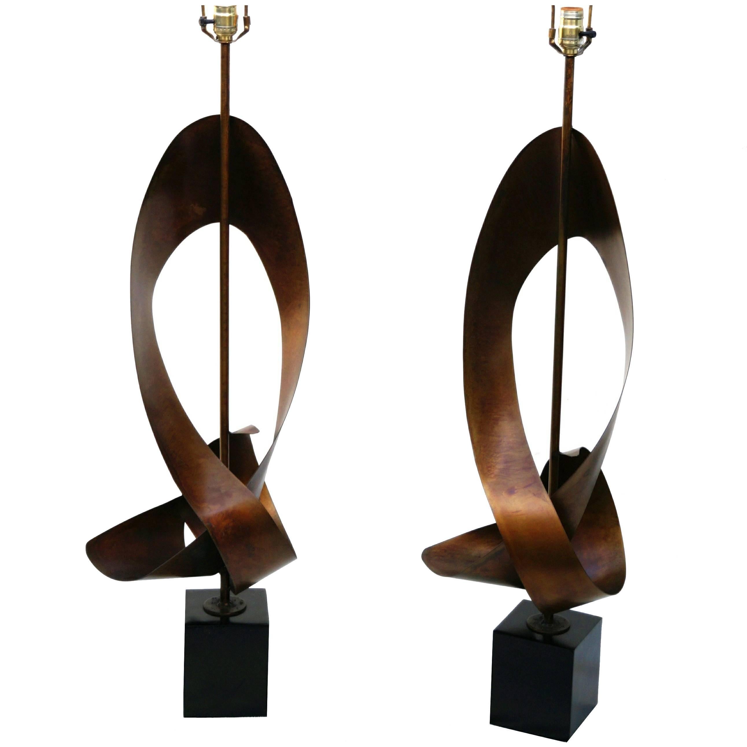 Pair of Large Harry Balmer for Laurel Lamp Sculptural Metal Ribbon Lamps