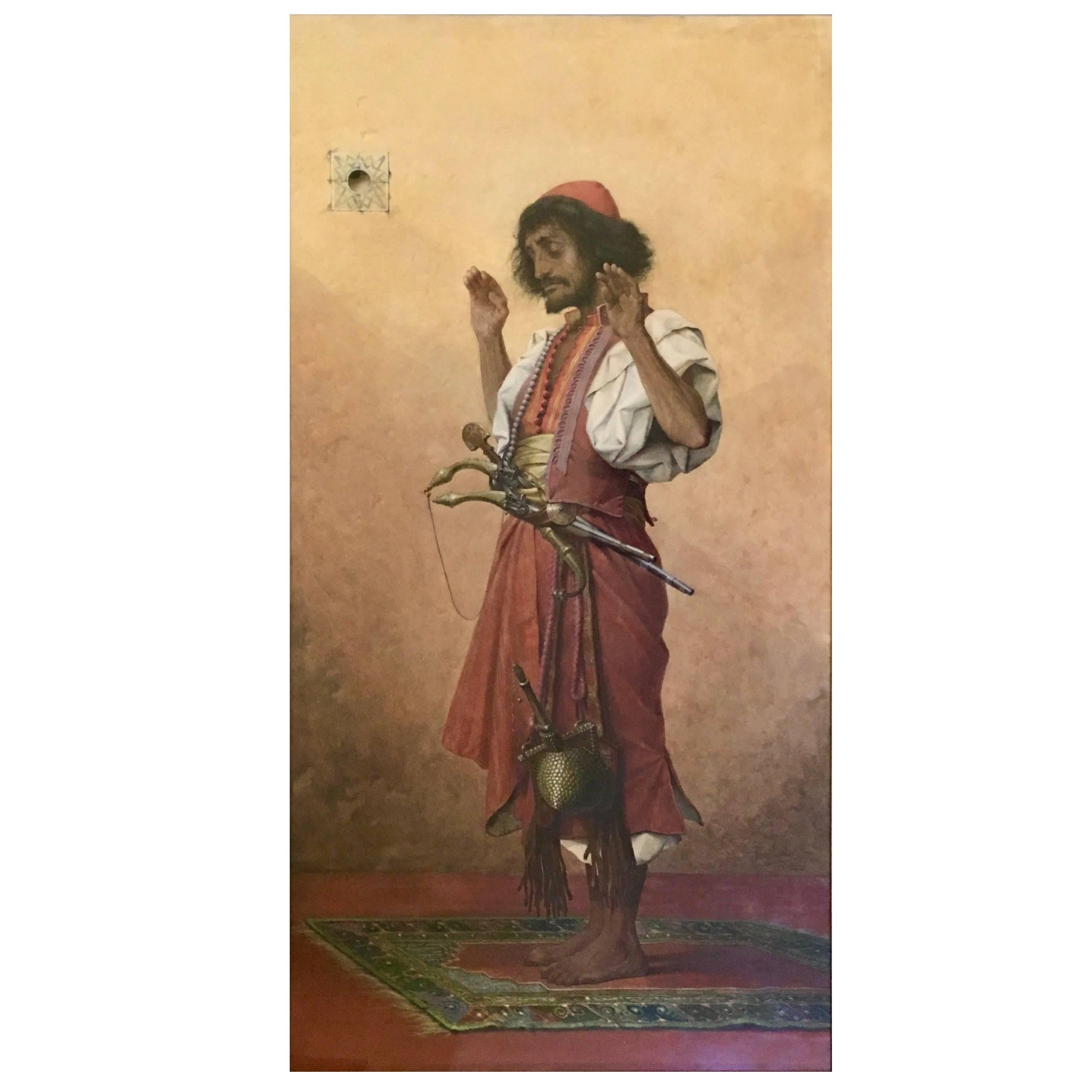 "Arab Soldier in Prayer" by Belgian Painter Théophile Lybaert - Belgium 1899 For Sale