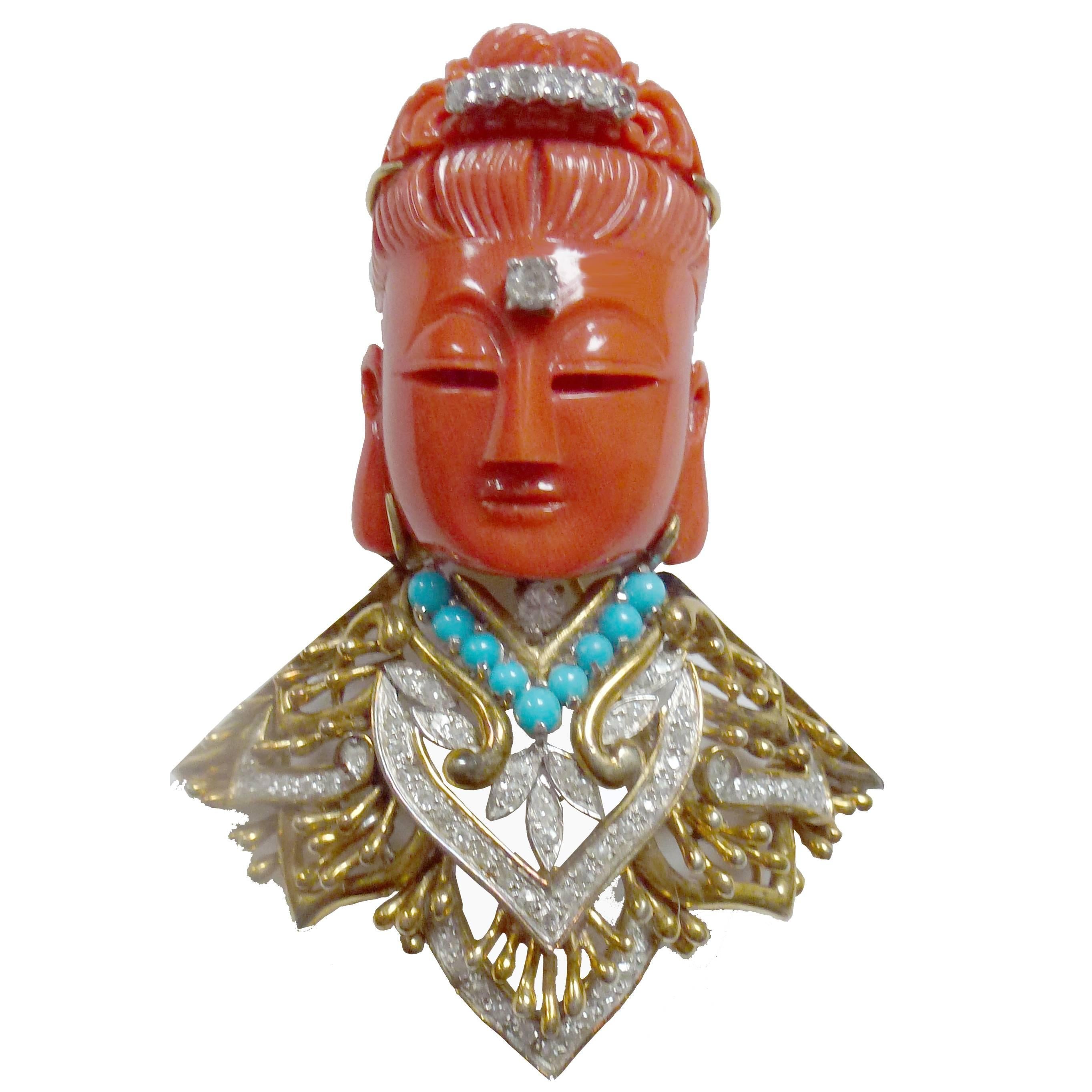 Carved Red Coral Guanyin, Diamond and 18-Karat Gold Brooch by Kevin H For Sale