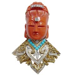 Carved Red Coral Guanyin, Diamond and 18-Karat Gold Brooch by Kevin H