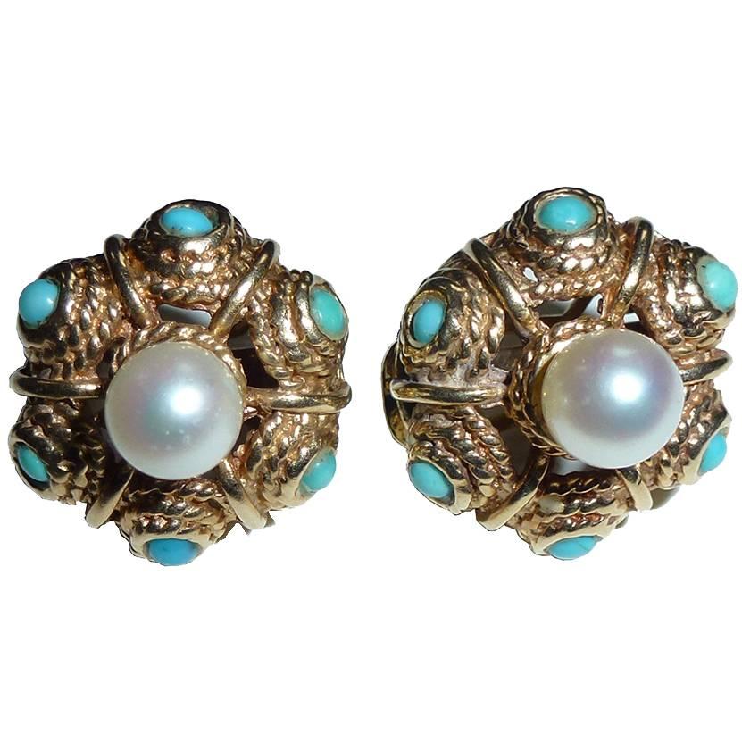 14k Yellow Gold, Pearl and Turquoise Pair of Pierced Earrings For Sale