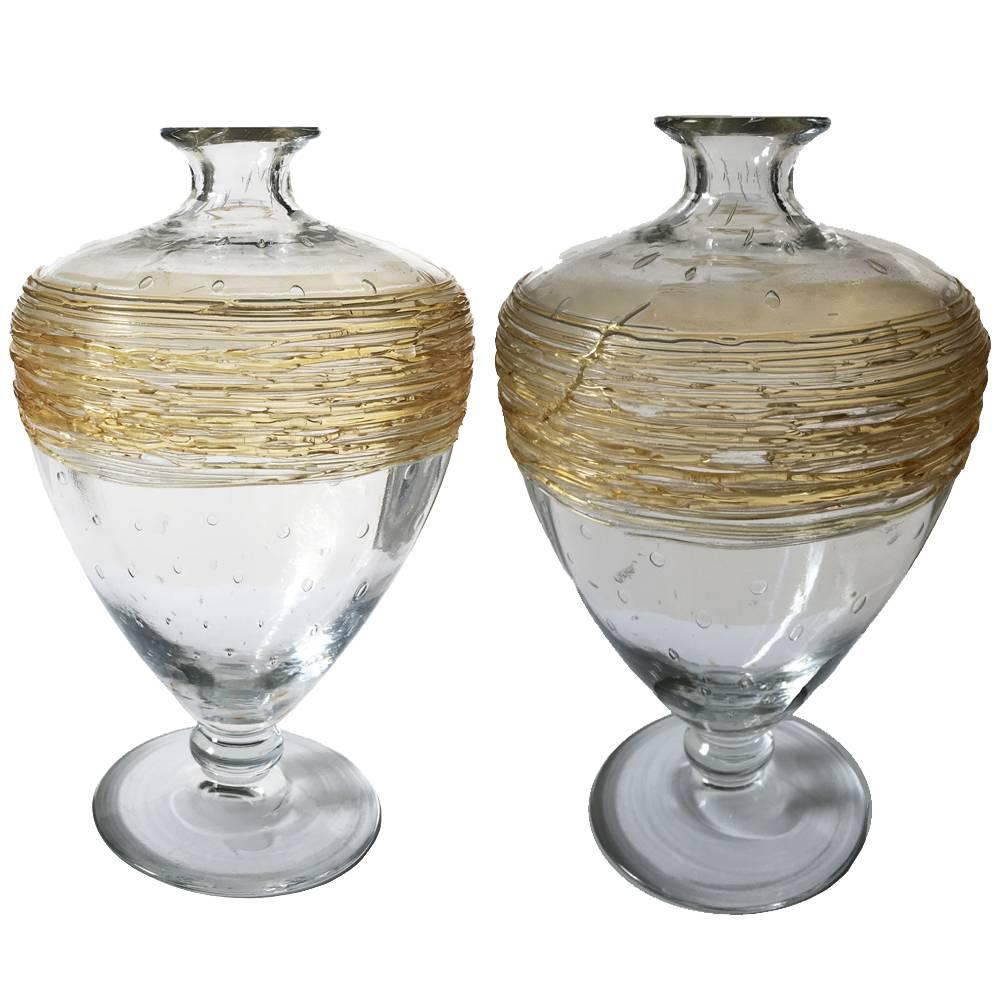 American H.C. Fry Glass Pair of Bottle Vases with Gold Thread Wraps