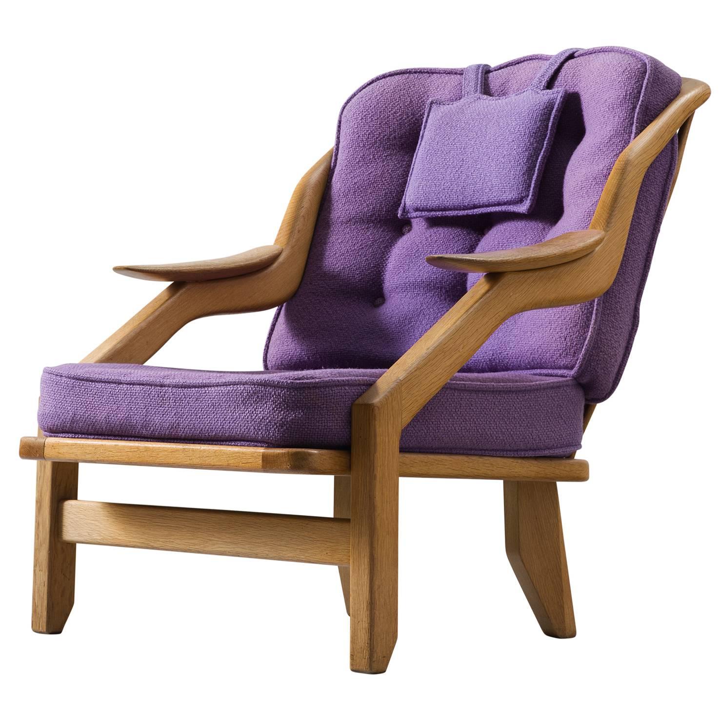 Guillerme & Chambron Lounge Chair in Solid Oak and Purple Upholstery