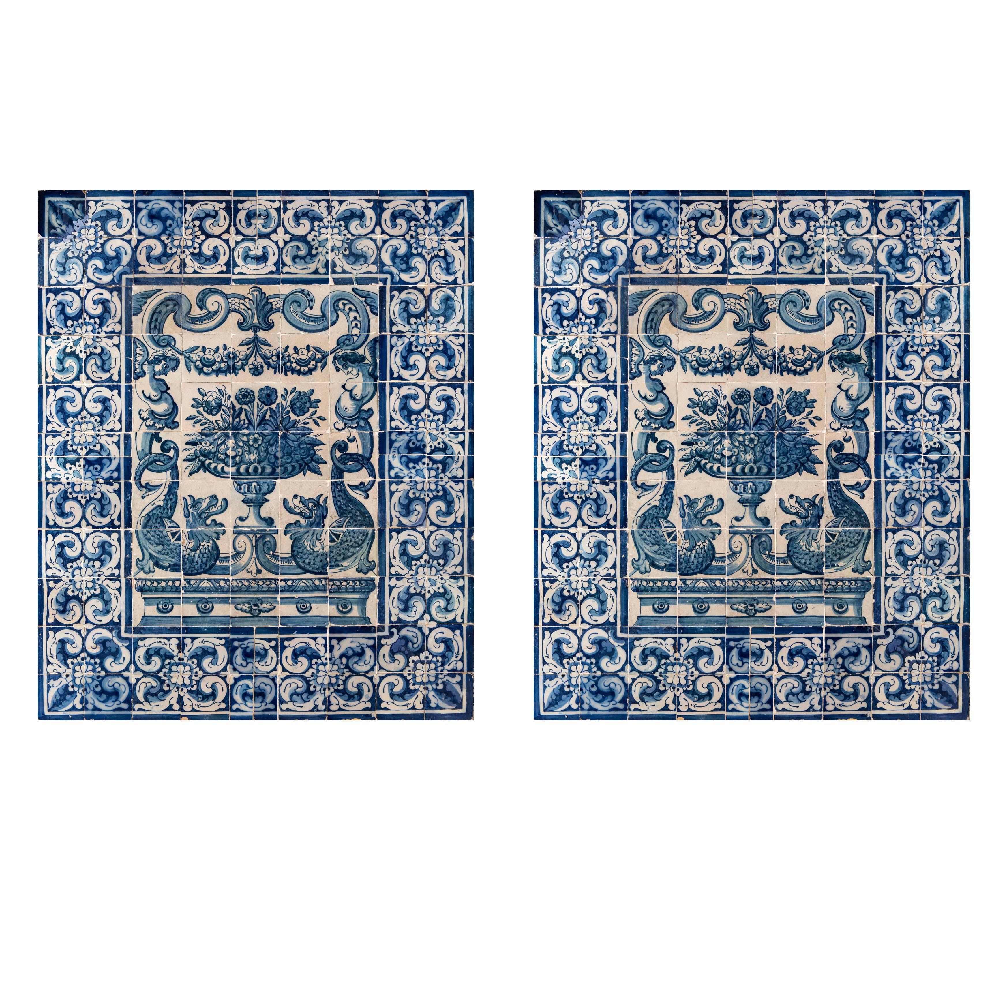 Pair of 18th Century Azulejos Flower Murals in Blue For Sale