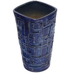 Vintage Cobalt Blue Glaze Mid-Century Modern Tapered Shape Square to Round Pottery Vase