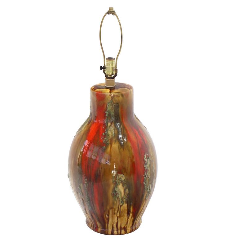 Art Pottery Drip Glazed Vase Shape Table Lamp Red and Yellow Lava For