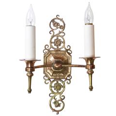 1920s Signed Oscar Bach Two-Arm Cast Brass Sconce, Set of Five Matching