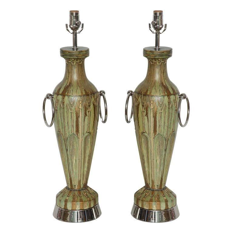 Pair of Glazed Ceramic lamps with Double Hoops For Sale
