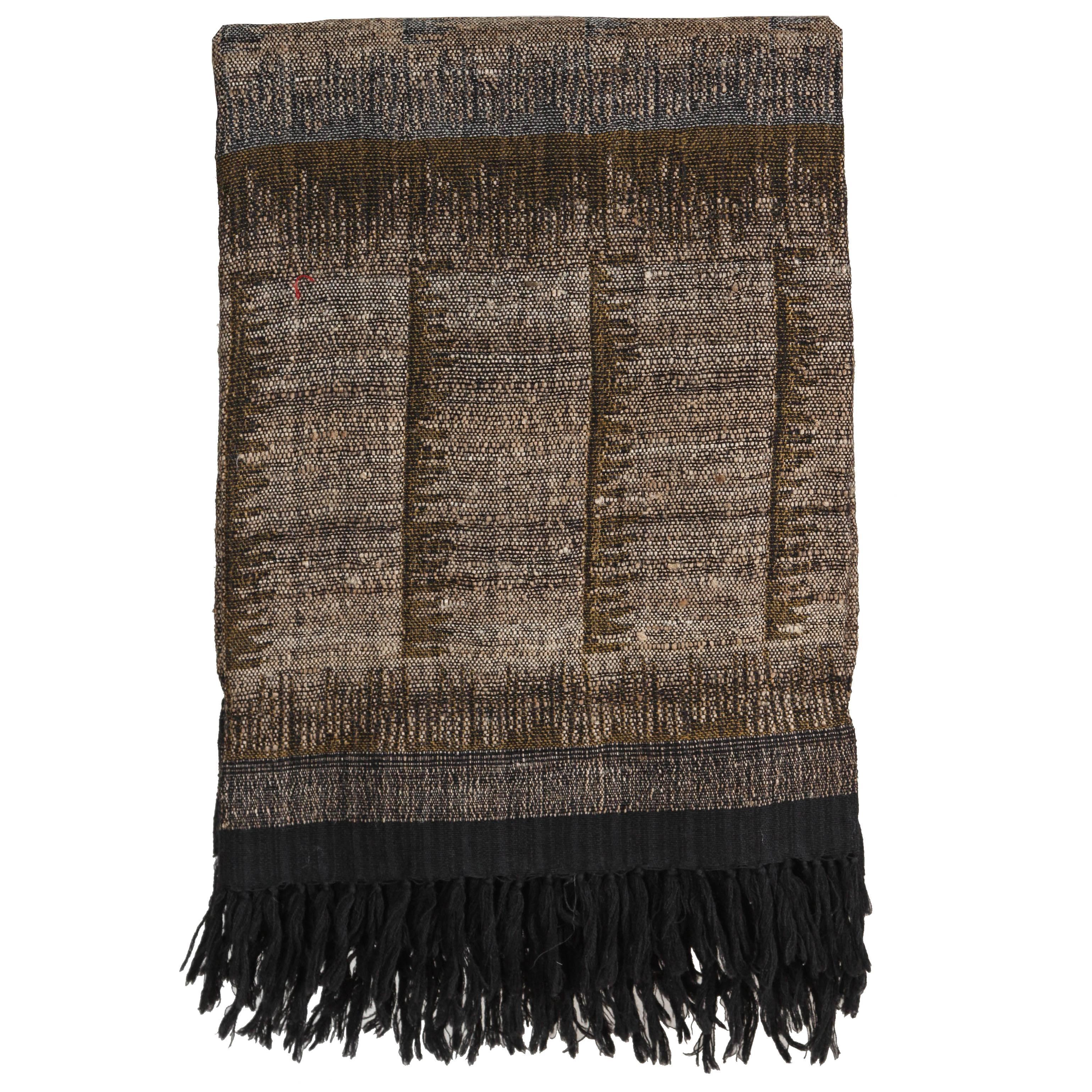 Indian Handwoven Throw in Brown, Black, Gray and Beige. Wool and Raw Silk. For Sale