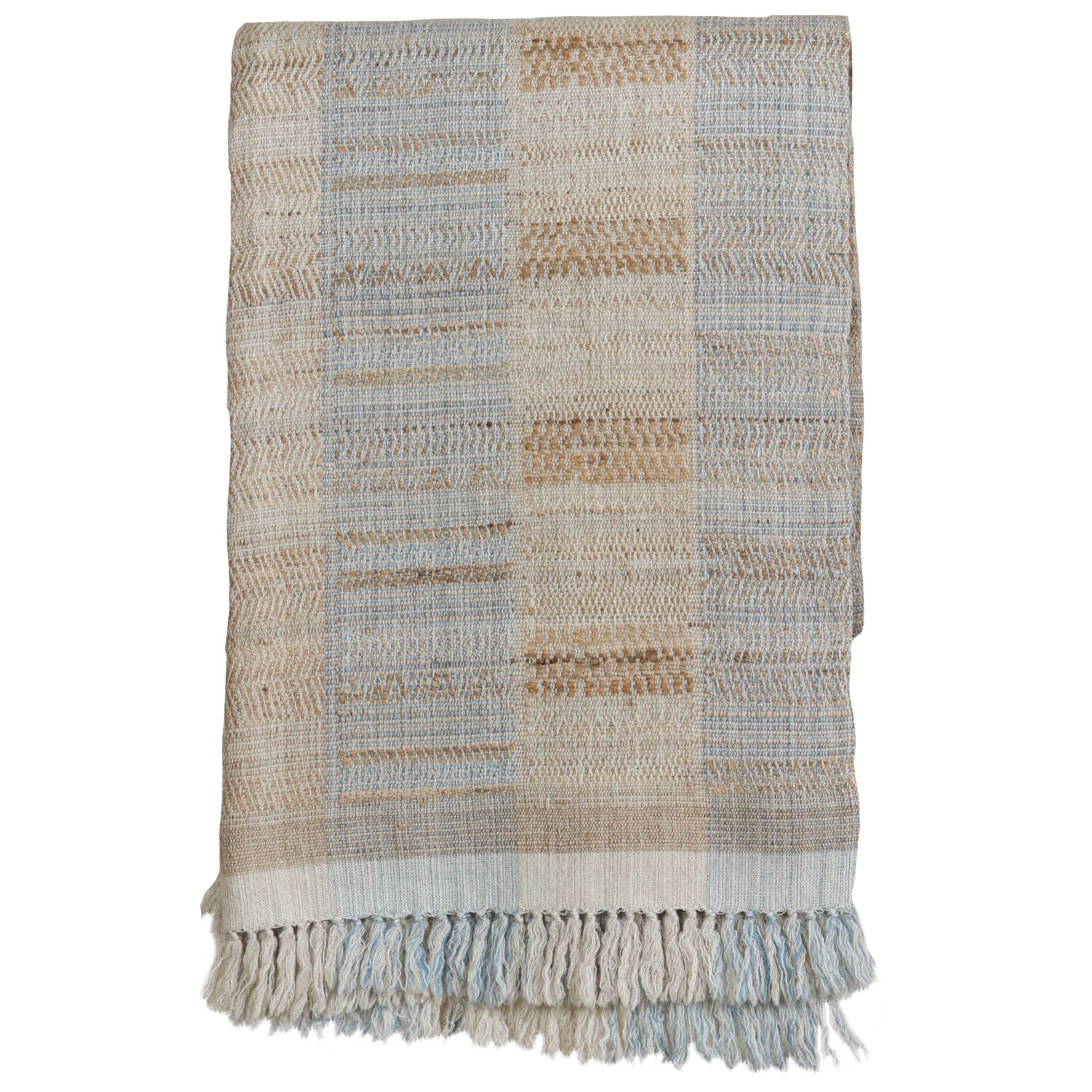 Indian Handwoven Throw, Light Blue, Beige and Ivory, Wool and Raw Silk For Sale