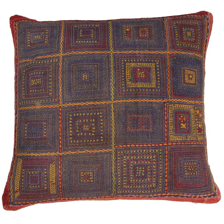 Gujarati Embroidery Pillow, Geometric Motif, Blue, Orange, Yellow and