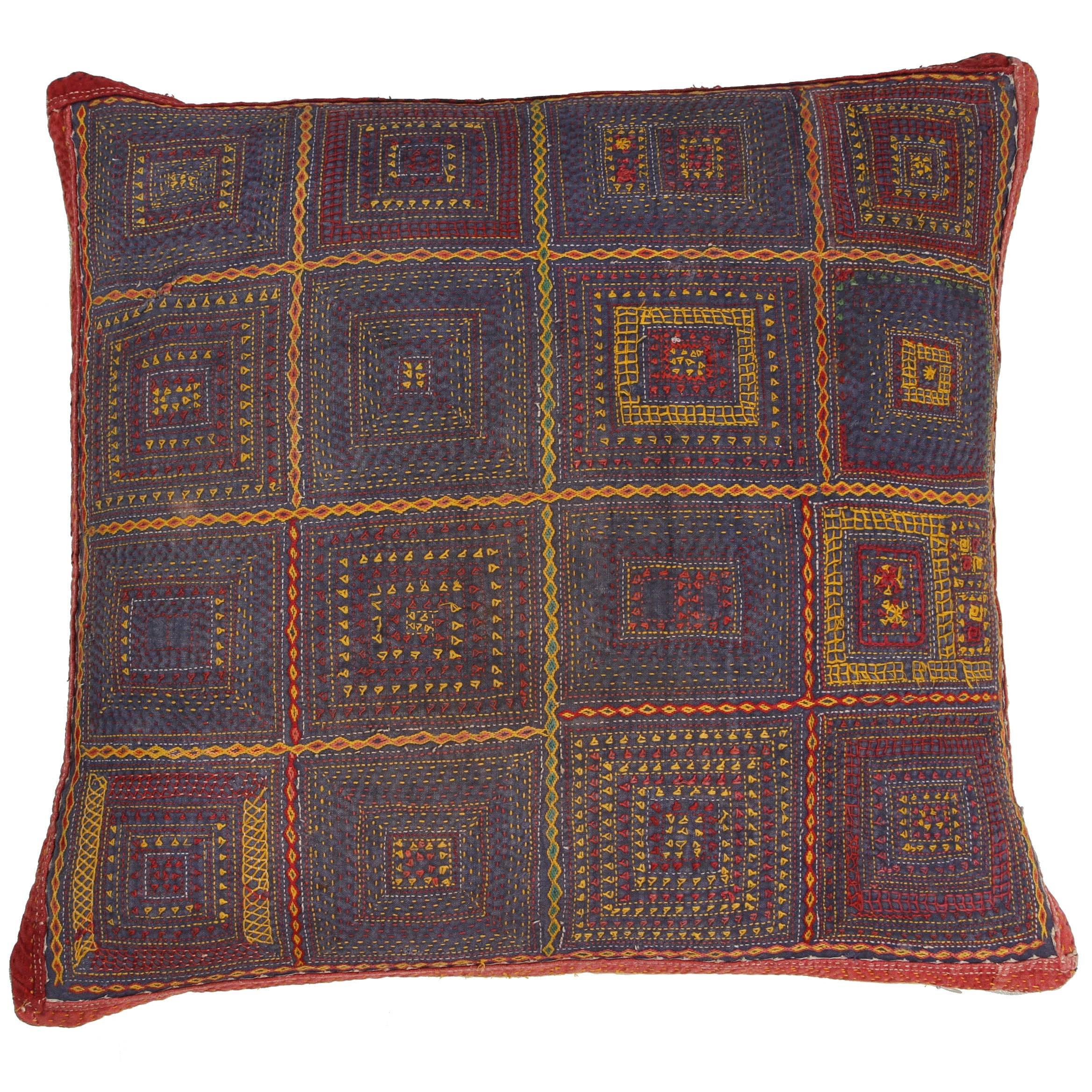 Gujarati Embroidery Pillow, Geometric Motif, Blue, Orange, Yellow and Red For Sale