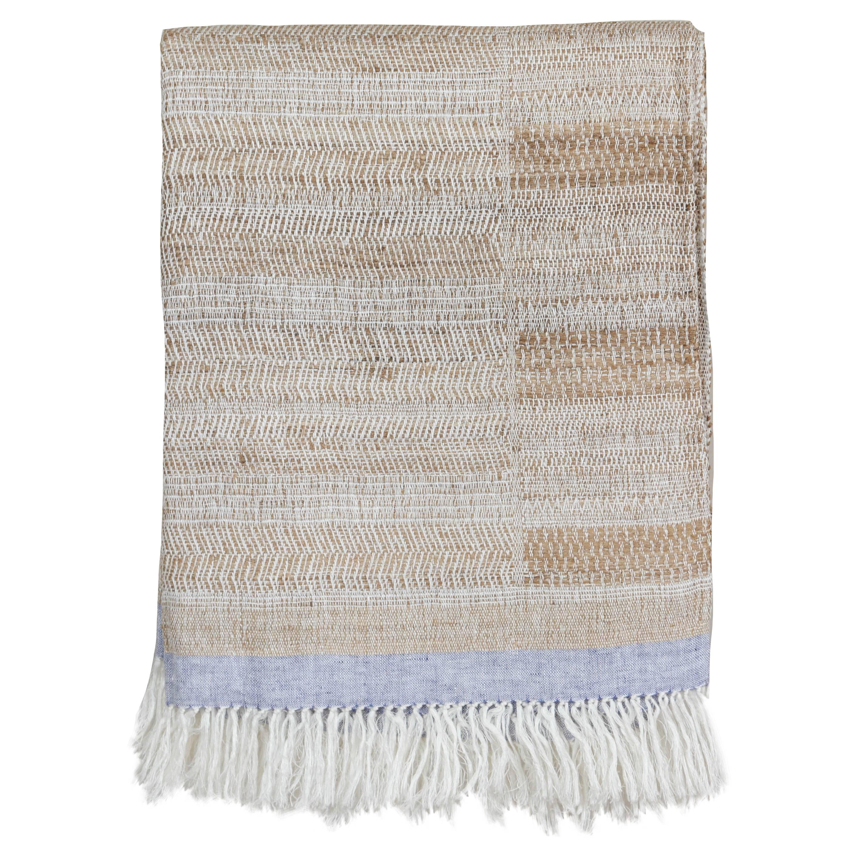 Indian Handwoven Throw Oatmeal, Ivory and Light Blue, Linen and Raw Silk For Sale