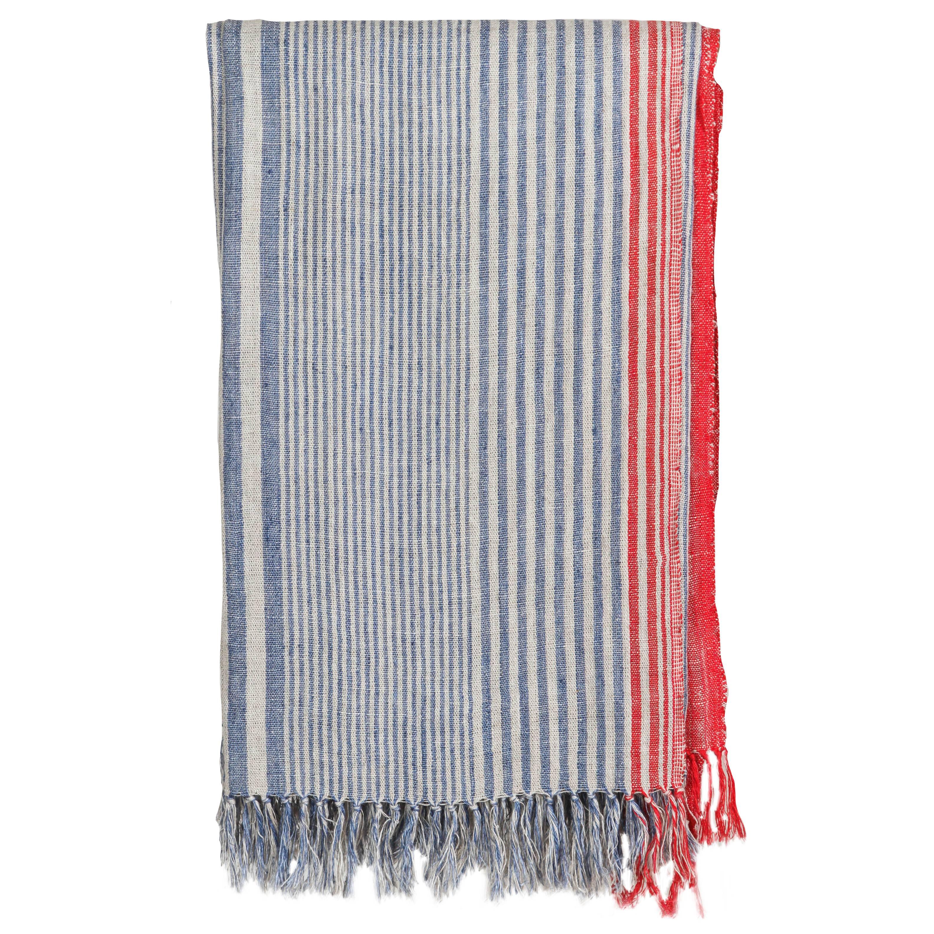 Indian Handwoven Throw, Blue, Red and White. Linen. For Sale
