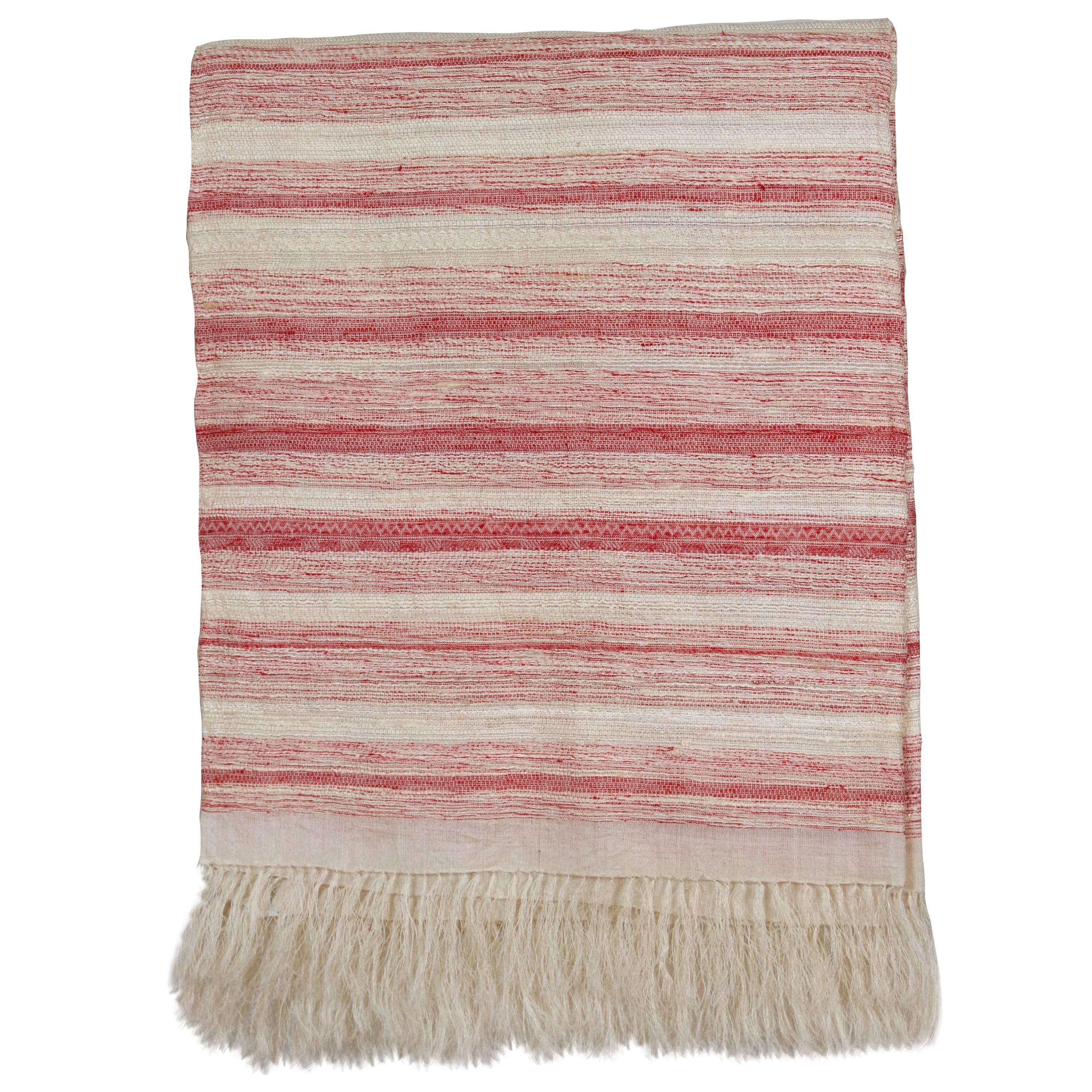 Indian Handwoven Throw. Red and Ivory.  Linen. For Sale