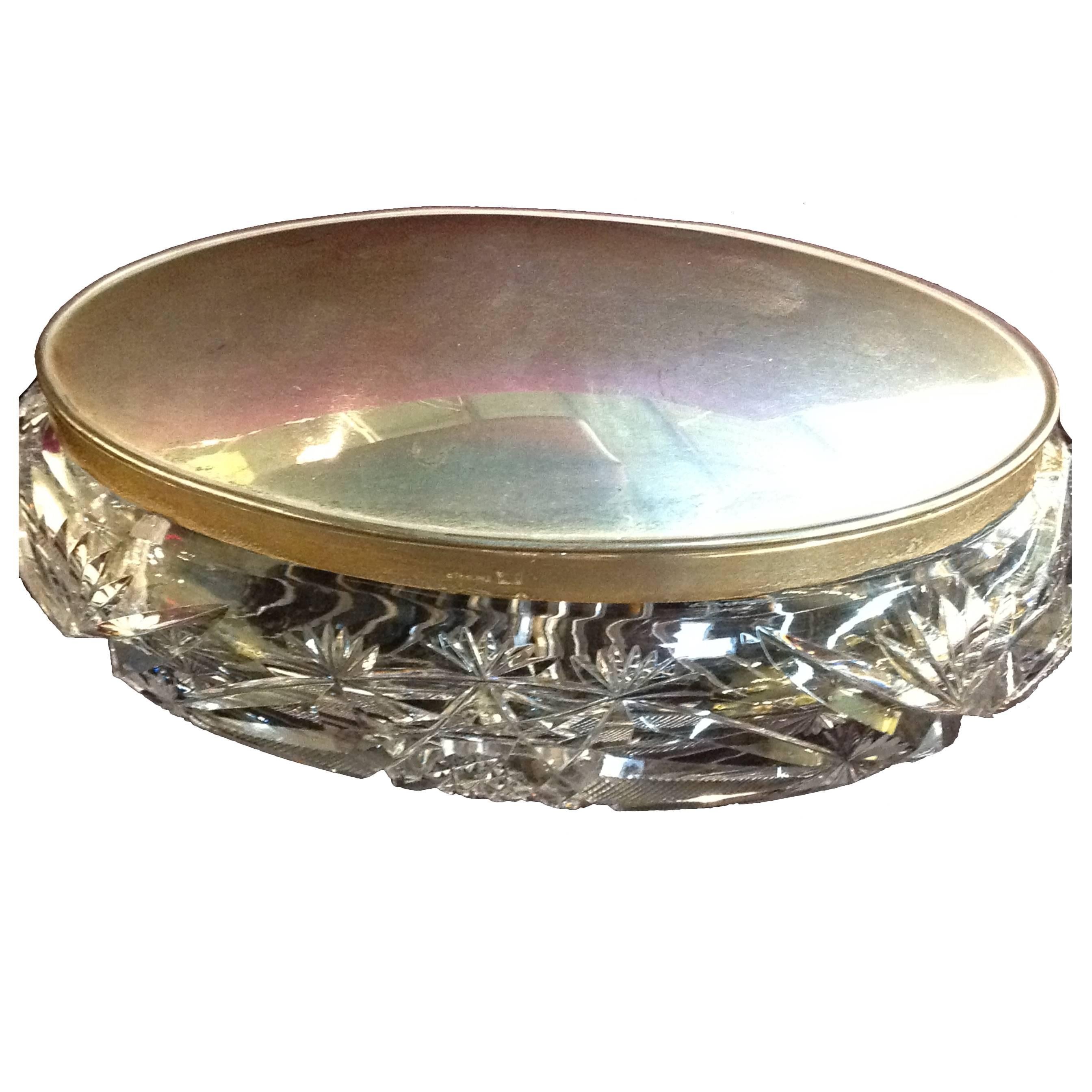 Brilliant Cut Crystal Oval Dresser Box with Sterling Lid For Sale