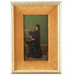 Small Antique Oil Painting of "Woman with Yellow Canary" signed A. Savini