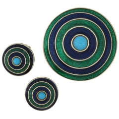 Retro Mid-Century Mod Florenza Concentric Circle Enamel Brooch and Earring Set