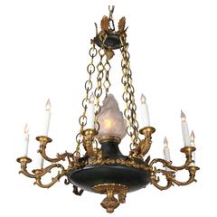 French 1920s Empire Style Ten-Light Chandelier with Central Frosted Glass Flame