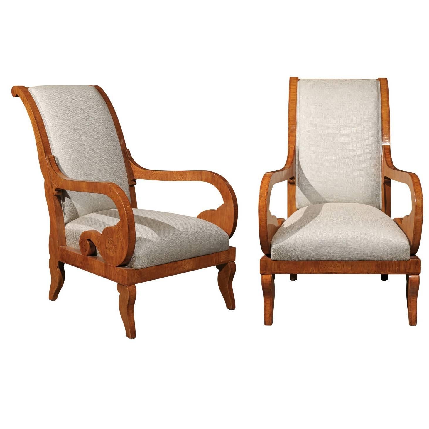 Pair of Biedermeier Mid 19th Century Austrian Armchairs with Scrolled Arms For Sale