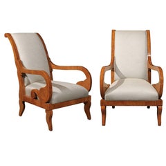 Pair of Biedermeier Mid 19th Century Austrian Armchairs with Scrolled Arms