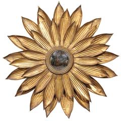 Spanish 1950s Gilt Metal Sunburst Round Convex Mirror with Pointed Ribbed Petals