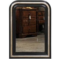 Antique French Louis-Philippe Style Black and Silver Mirror with Etched Ridges From 1900