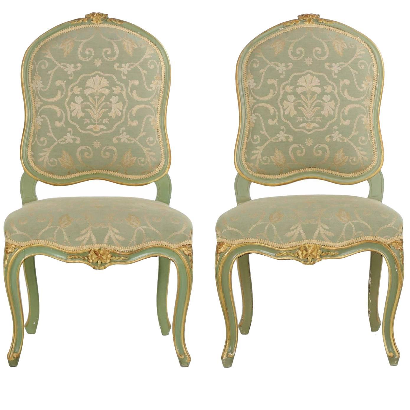 19th Century Pair of Green Distressed Painted Louis XV Style Side Chairs
