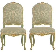 Antique 19th Century Pair of Green Distressed Painted Louis XV Style Side Chairs