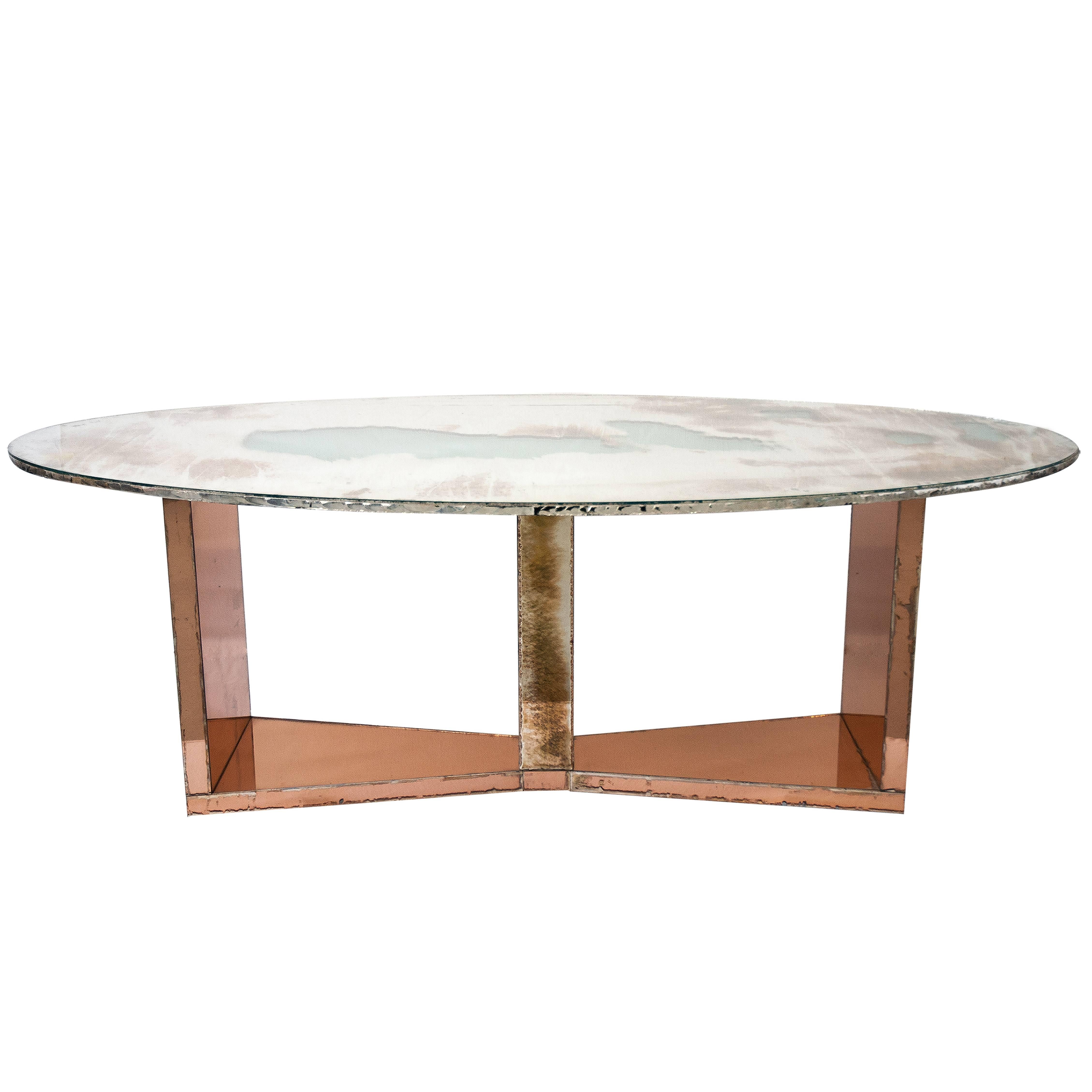 Butterfly Dining Table Wood Base Coated Silvered Glass and Silver Glass Top
