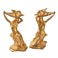 French Art Nouveau Bronze Candlesticks by Muller
