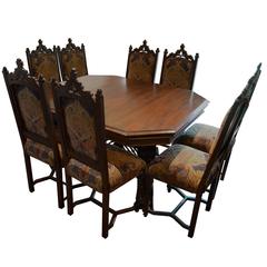 Antique Gothic Style Dining Table with Eight Chairs with Three Leafs