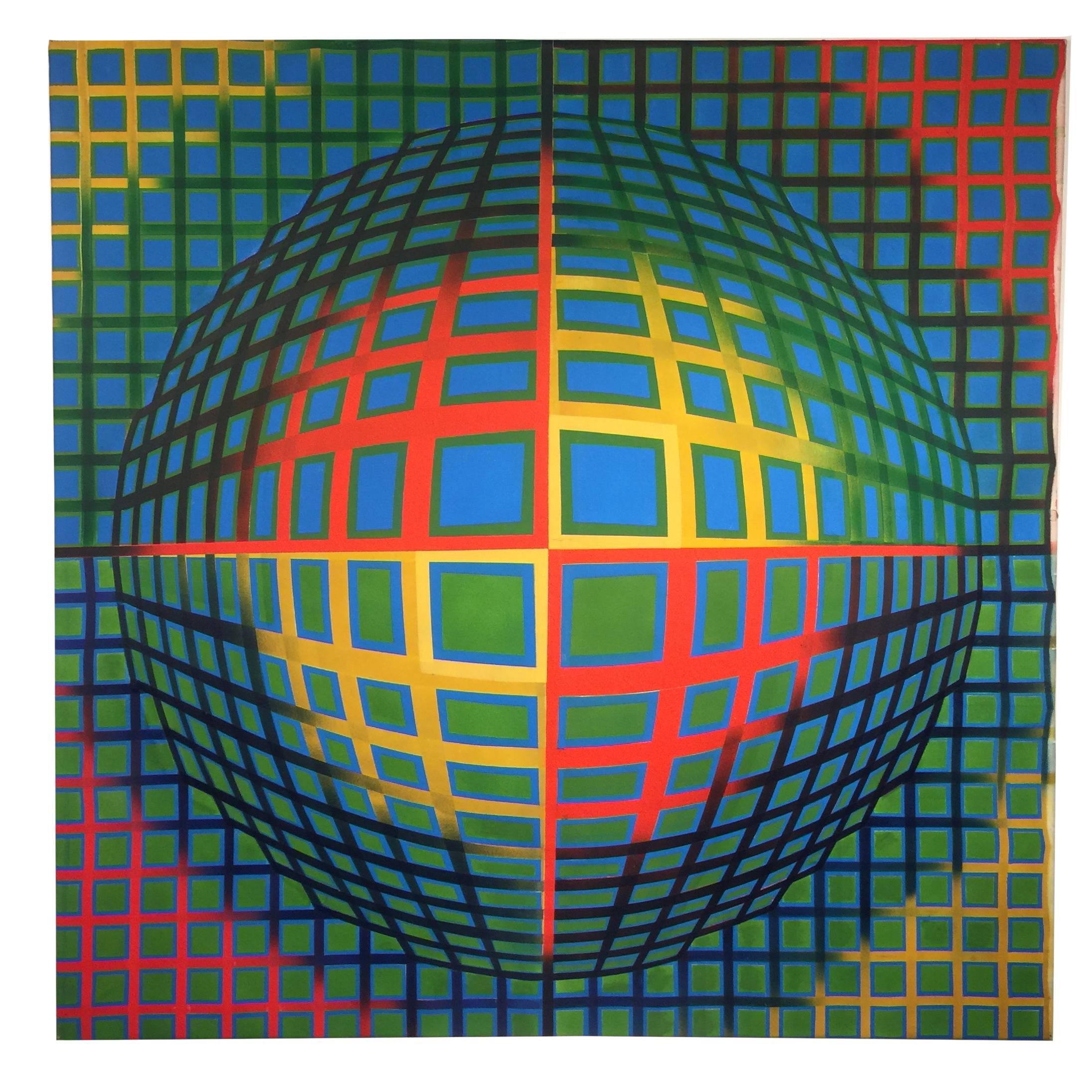 Fantastic Op Art Painting with Bright Colors in the Manner of Victor Vasarely For Sale